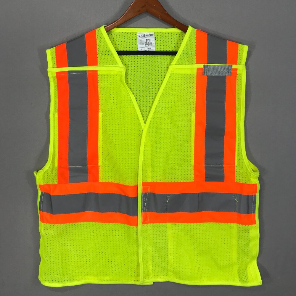 Kishigo Safety Vest Adults Large Yellow Reflective Visibility Pockets Mesh #1174